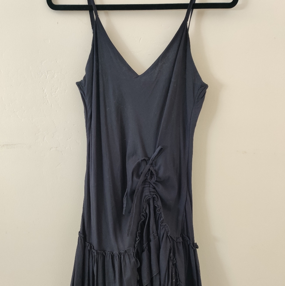 Asymmetrical Ruffled Black Strappy Cotton Dress
